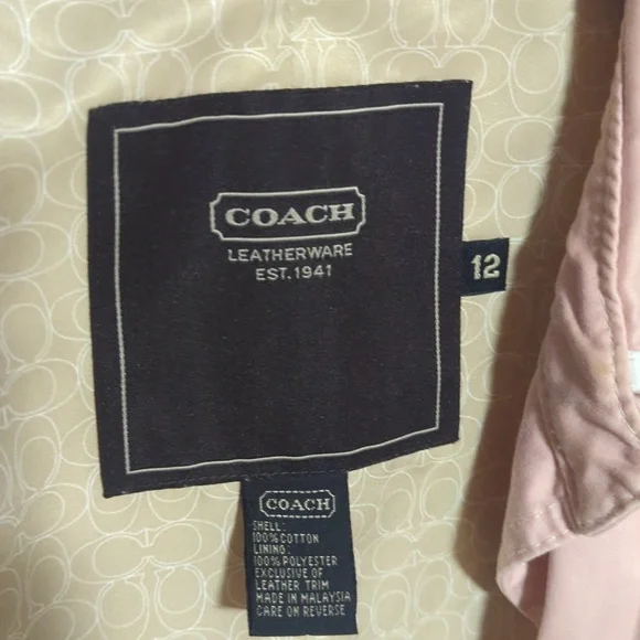 Pink and white Coach trench coat with leather trim and pearl buttons size 12